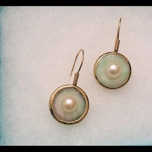 14k Real Gold Jade and Pearl Earrings! Modern Style